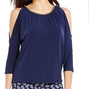 MICHAEL Michael Kors Blue Cold Shoulder Blouse with Gold Chain Detail Medium